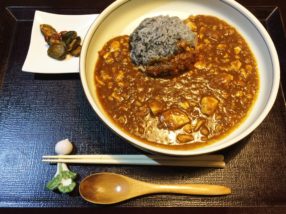 見た目が少し麻婆豆腐。豆腐と納豆(?)が入ったカレー。